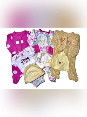 Carter's Baby Girls Newborn 3 Footed Sleepers 3 Beanie Caps Bodysuit 7 Piece Lot